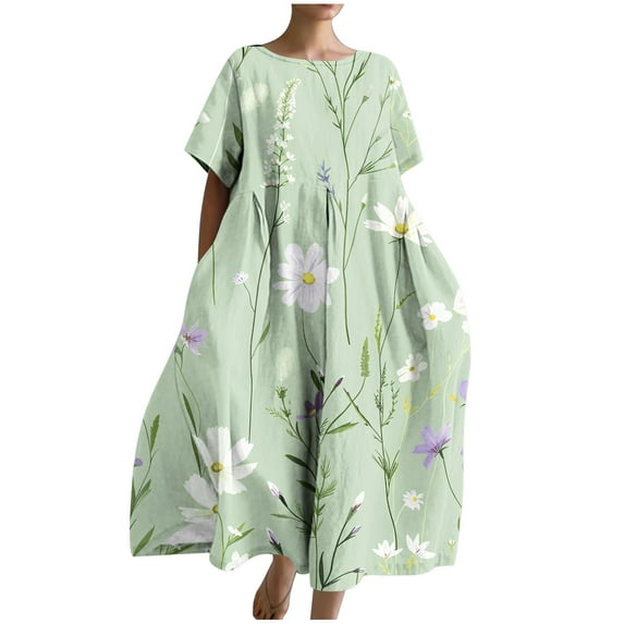 PuLe Summer Short Sleeve Dress Womens Oversized Tunic Dress Boho Floral Short Sleeve Maxi Dresses Summer Casual Loose Long Dress with Pockets