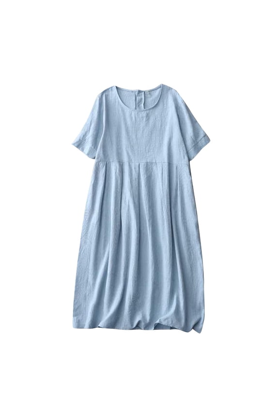 PuLe Summer Short Sleeve Dress Womens Short Sleeve Cotton Linen Jacquard Dress Crewneck Long Dress Loose Casual Dresses