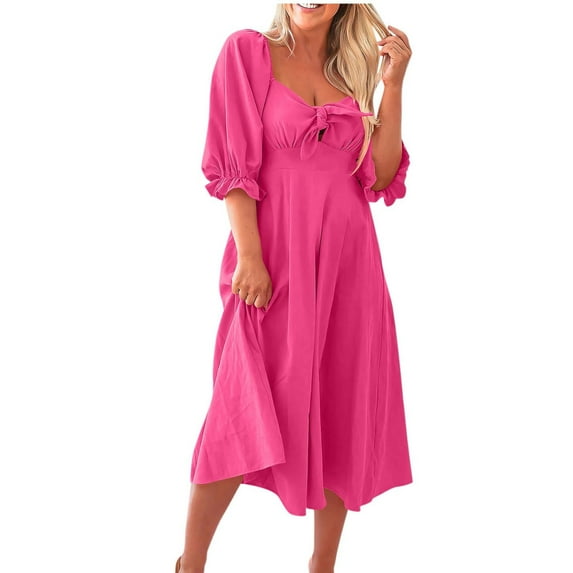 PuLe Summer Short Sleeve Dress Womens Summer Dress Tie Front Sweetheart Neck Puff Short Sleeve Swing A Line Midi Causal Dresses