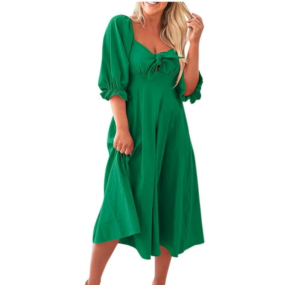 PuLe Summer Short Sleeve Dress Womens Summer Dress Tie Front Sweetheart Neck Puff Short Sleeve Swing A Line Midi Causal Dresses