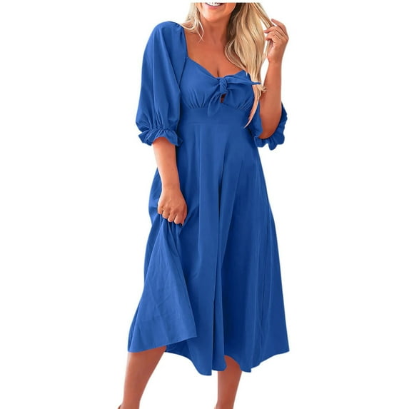 PuLe Summer Short Sleeve Dress Womens Summer Dress Tie Front Sweetheart Neck Puff Short Sleeve Swing A Line Midi Causal Dresses