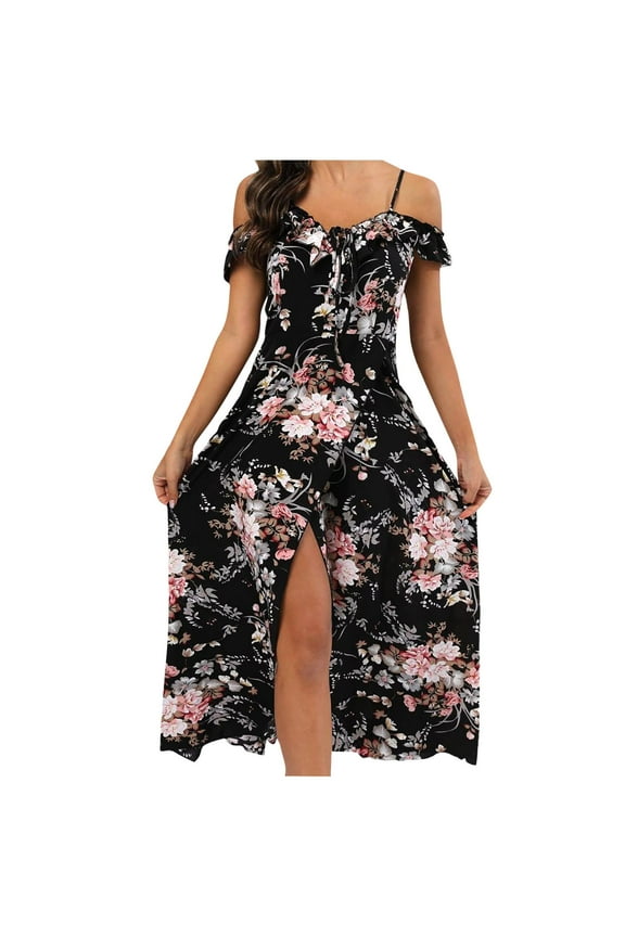 PuLe Summer Women's Floral Print Cold Shoulder Short Sleeve Lace Up Wrap Split Long Dress