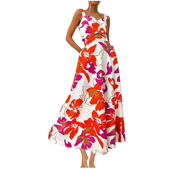 PuLe Summer Women's Summer Fashion Classic Printed Strap V-neck Large Set Skirt