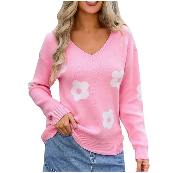 PuLe Sweaters for Women Knit Tops for Women Light Weight Crochet Sweaters Loose Fit Pullover Knit Sweater V Neck Embroidery Knit Loose Casual Long Sleeve Ribbed Pullover Sweaters