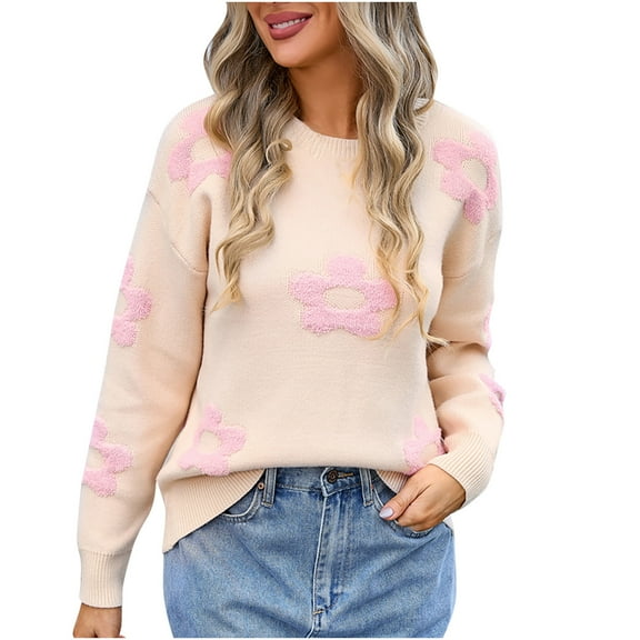 PuLe Sweaters for Women Knit Crewneck Long Sleeve Sweaters for Women Trendy Loose Fitting Flower Pullover Tops Cute Warm Soft Jumper Tops