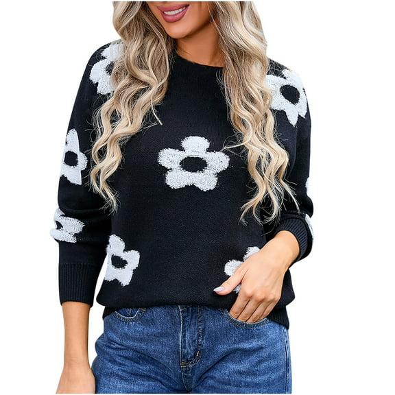 PuLe Sweaters for Women Knit Crewneck Long Sleeve Sweaters for Women Trendy Loose Fitting Flower Pullover Tops Cute Warm Soft Jumper Tops