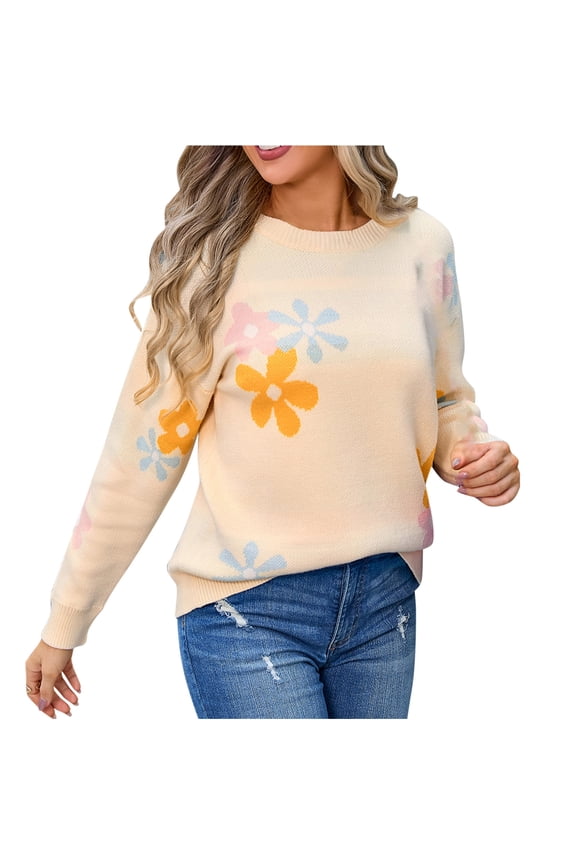 PuLe Sweaters for Women Knit Crewneck Long Sleeve Sweaters for Women Trendy Loose Fitting Flower Pullover Tops Cute Warm Soft Jumper Tops