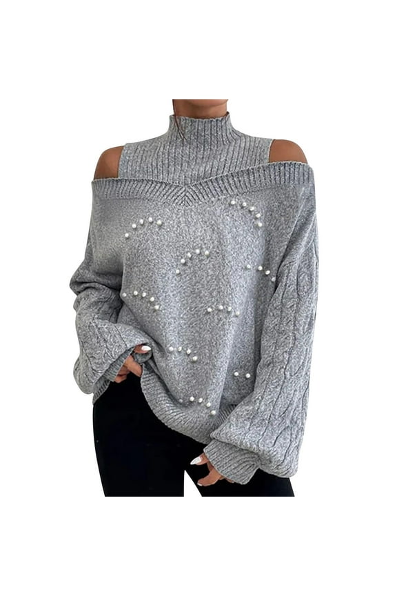 PuLe Sweaters for Women Oversized Turtleneck Pullover Sweater Pearl Long Sleeve Cold Shoulder Cable Knit Jumper Lightweight Top for Women