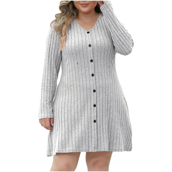 PuLe Sweaters for Women Plus Size Sweater Dresses for Women Button Up V Neck Long Sleeve One Piece Ribbed Knitt Solid Color A-Line Dress