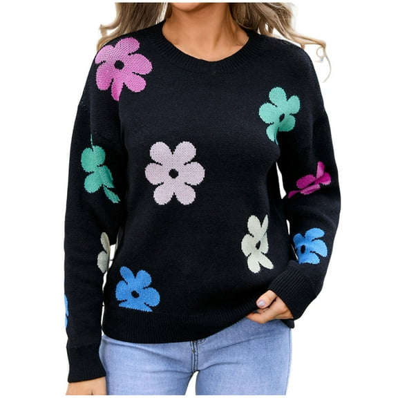 PuLe Sweaters for Women Sweaters for Women Casual Crewneck Long Sleeve Floral Print Cable Knit Pullover Sweater Tops