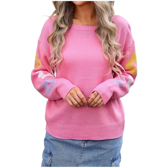 PuLe Sweaters for Women Sweaters for Women Casual Crewneck Long Sleeve Floral Print Cable Knit Pullover Sweater Tops