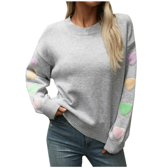 PuLe Sweaters for Women Women Heart Print Sweater Romantic Oversized Knitted Shirt Valentine's Day Love Graphic Long Sleeve Pullover Top