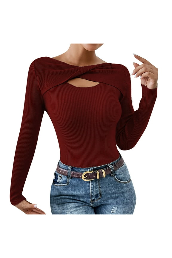 PuLe Sweaters for Women Women Sexy Twist Fornt Cut Out Tops Rib Knit Long Sleeve Shirt