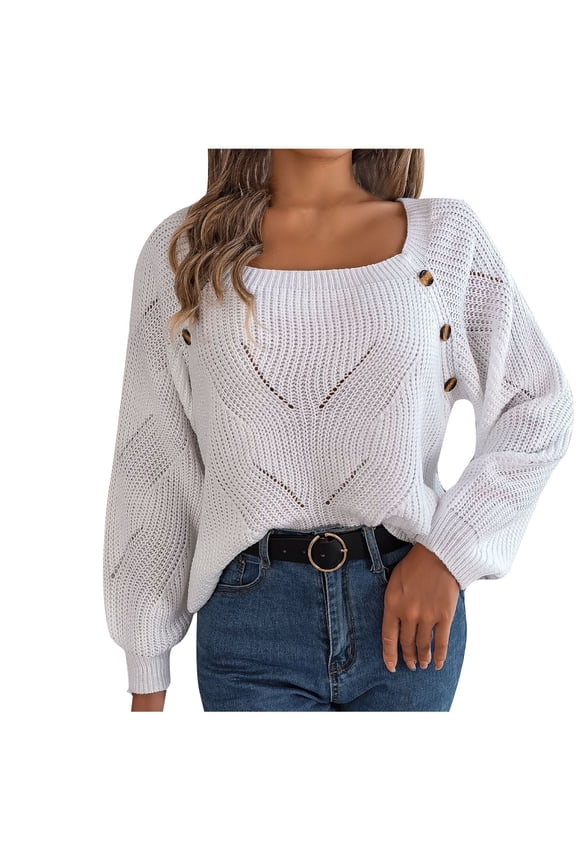 PuLe Sweaters for Women Women Square Neck Knitted Long Sleeves Sweaters Lantern Sleeve Buttons Solid Color Crochet Loose Pullover Tops