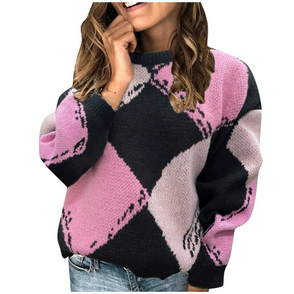PuLe Sweaters for Women Women/Teen Girls Trendy Argyle Plaid/Heart Knitted Sweater Pullover Long Sleeve Soft Stretchy Winter Valentine
