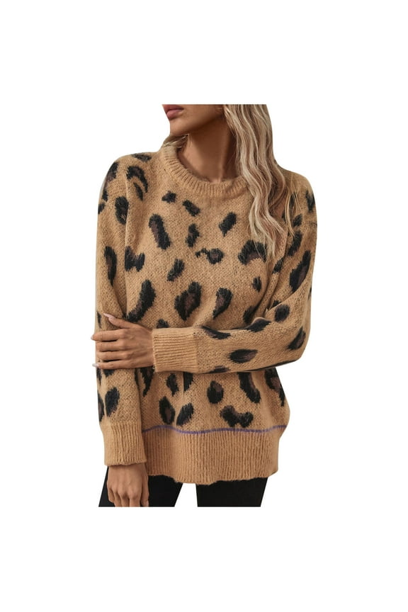PuLe Sweaters for Women Women's Casual Leopard Crew Neck Loose Fit Sweater Long Sleeve Slouchy Pullover Knitted Fuzzy Jumper Tops