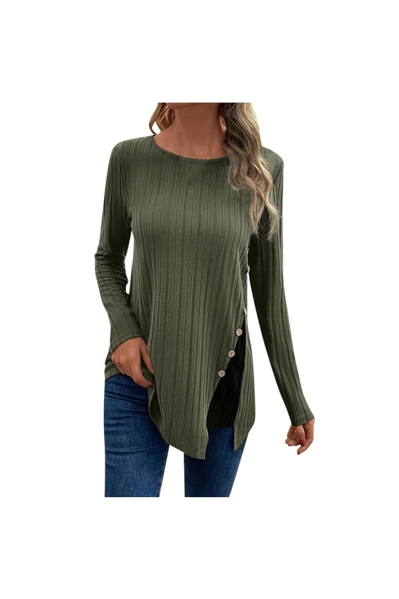 PuLe Sweaters for Women Women's Long Sleeve Tunic Tops Crew Neck Buttons Side Shirts Split