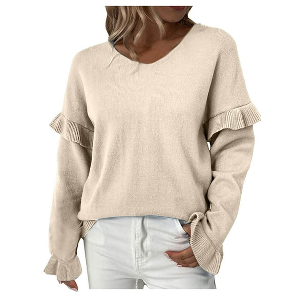 PuLe Sweaters for Women Women's V Neck Sweater Casual Ribbed Ruffled Trim Long Sleeve Knit Pullover Elegant Plus Size Long Sleeve Sweatshirt ﻿