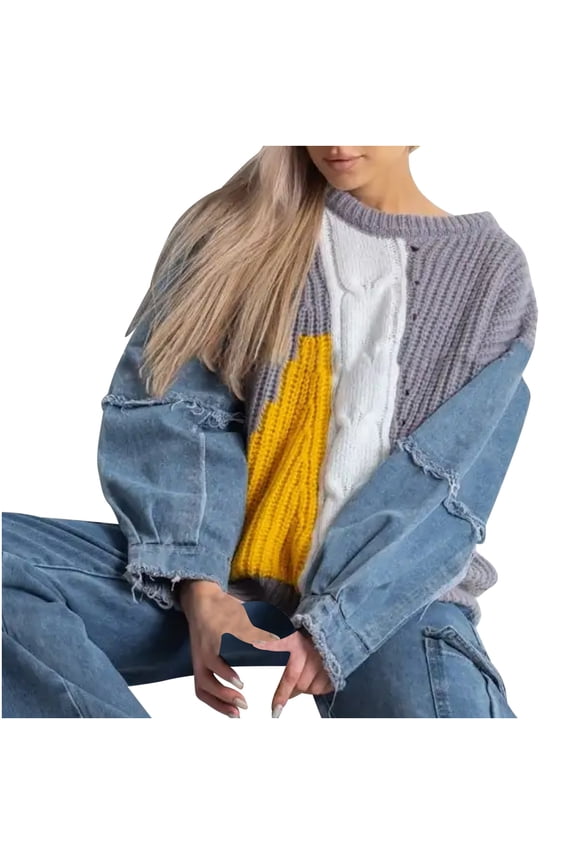 PuLe Sweaters for Women Womens Sweaters Denim Sleeve Color Block Crewneck Pullover Knit Tops ﻿