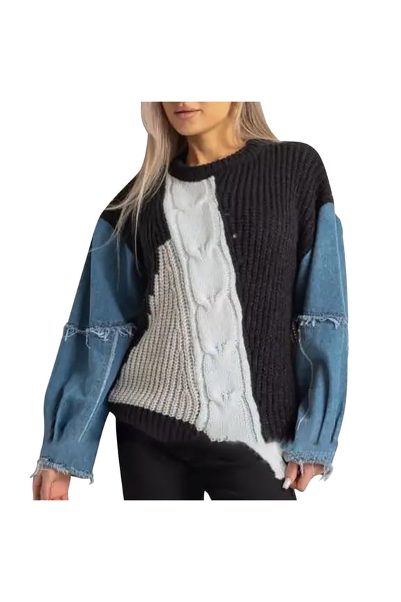 PuLe Sweaters for Women Womens Sweaters Denim Sleeve Color Block Crewneck Pullover Knit Tops ﻿