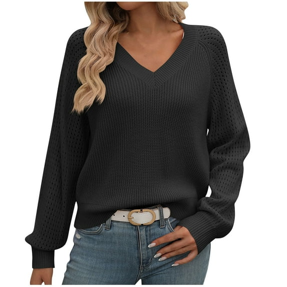 PuLe Sweaters for Women Womens V Neck Waffle Knit Cropped Top Long Sleeve Pullover Crop Sweater