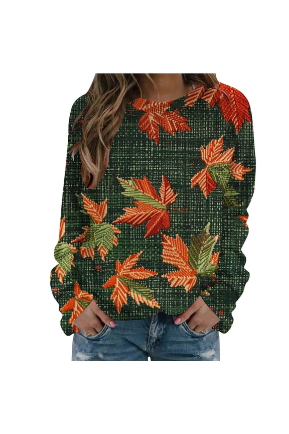 PuLe Sweatshirts Women's Casual Maple Leaf Print Crewneck 2024 Fall Winter Fashion Long Sleeve Graphic Loose Jumpers Tops