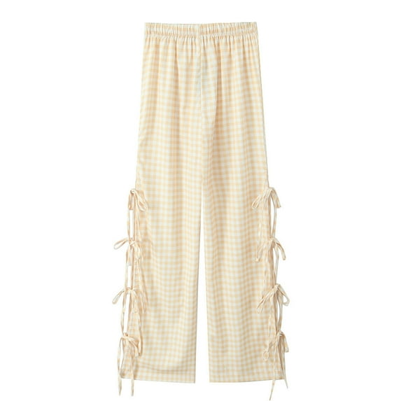 PuLe Wide Leg Pants for Women Casual Gingham Striped Y2k Lounge Pants Lace up Loose Trousers Bow Side Fall Fashion Pants