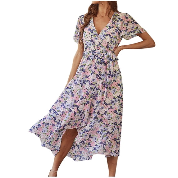 PuLe Women's 2024 Floral Boho Dress Wrap V Neck Short Sleeve Belted Ruffle Hem A-Line Flowy Maxi Dresses Summer Dress
