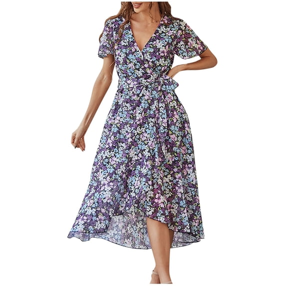 PuLe Women's 2024 Floral Boho Dress Wrap V Neck Short Sleeve Belted Ruffle Hem A-Line Flowy Maxi Dresses Summer Dress