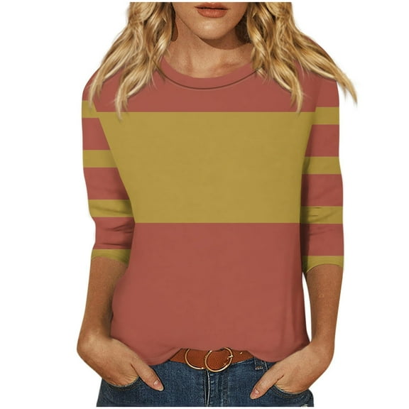 PuLe Women's Top 3/4 Length Sleeve Womens Tops Striped Color Block Shirts Dressy Casual Round Neck Three Quarter Length Sleeve Tops