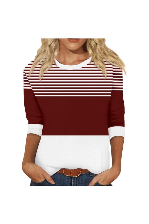 PuLe Women's Top 3/4 Length Sleeve Womens Tops Striped Color Block Shirts Dressy Casual Round Neck Three Quarter Length Sleeve Tops