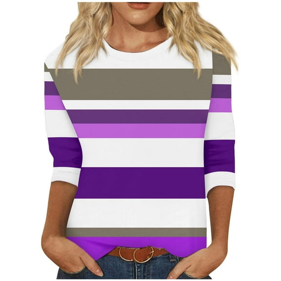 PuLe Women's Top 3/4 Length Sleeve Womens Tops Striped Color Block Shirts Dressy Casual Round Neck Three Quarter Length Sleeve Tops