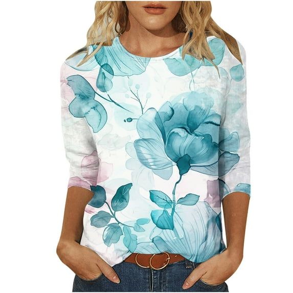 PuLe Women's Top 3/4 Sleeve Tunic Tops for Women Summer Floral Print Tees Shirts Womens Crew Neck 3/4 Sleeve Basic T-Shirts