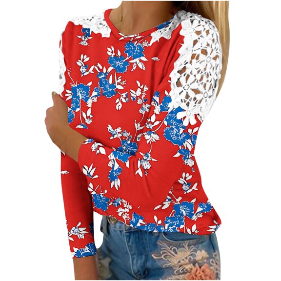 PuLe Women's Top Cute Tops for Women Lace Patchwork Long Sleeve Shirts Trendy Printed Hollow Out Blouses Casual Crew Neck Tunic Shirts