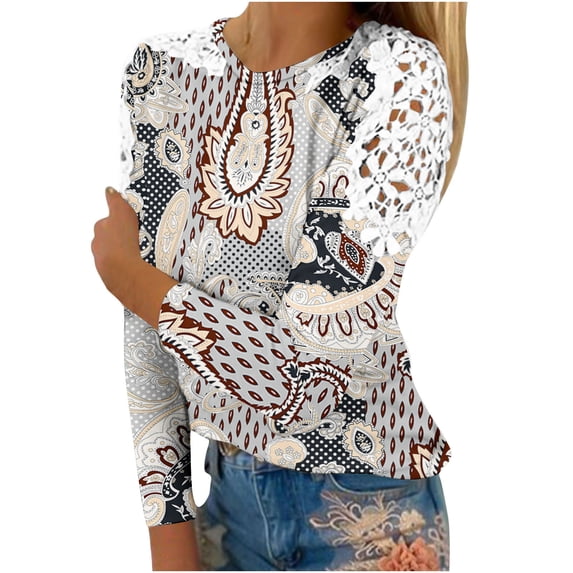 PuLe Women's Top Cute Tops for Women Lace Patchwork Long Sleeve Shirts Trendy Printed Hollow Out Blouses Casual Crew Neck Tunic Shirts