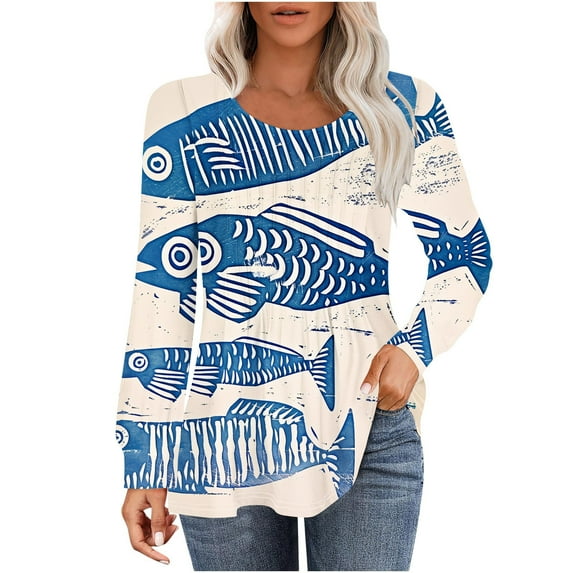 PuLe Women's Top Long Sleeve Shirts for Women Fall Tops Dressy Casual Blouses Pleated Scooped Neck Tunic Tops for Leggings 