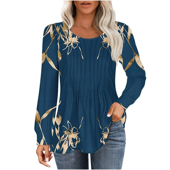 PuLe Women's Top Long Sleeve Shirts for Women Fall Tops Dressy Casual Blouses Pleated Scooped Neck Tunic Tops for Leggings 