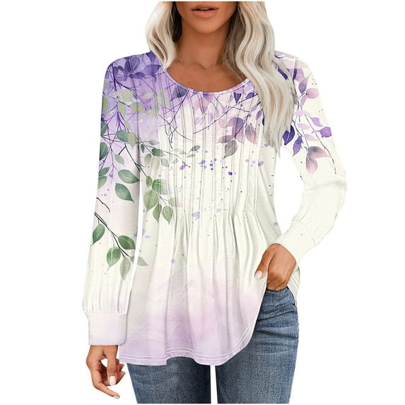 PuLe Women's Top Long Sleeve Shirts for Women Fall Tops Dressy Casual Blouses Pleated Scooped Neck Tunic Tops for Leggings 