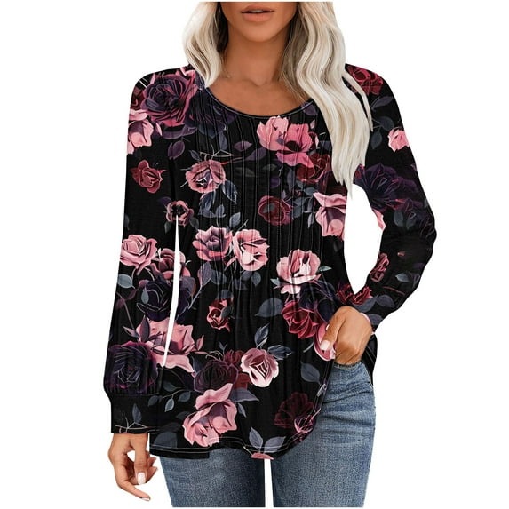 PuLe Women's Top Long Sleeve Shirts for Women Fall Tops Dressy Casual Blouses Pleated Scooped Neck Tunic Tops for Leggings 