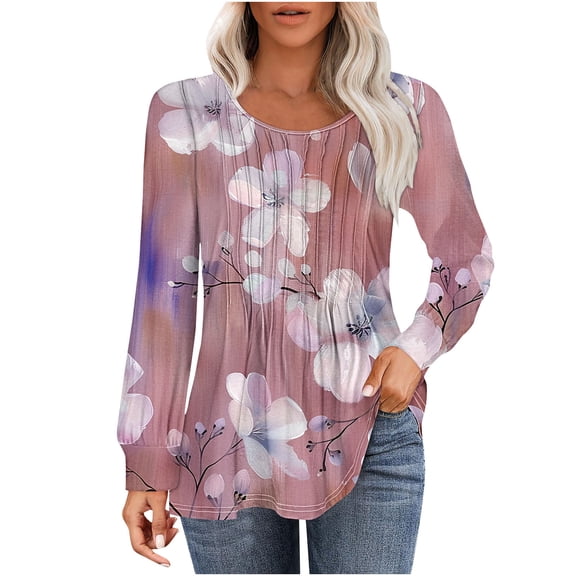 PuLe Women's Top Long Sleeve Shirts for Women Fall Tops Dressy Casual Blouses Pleated Scooped Neck Tunic Tops for Leggings ﻿