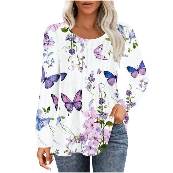 PuLe Women's Top Long Sleeve Shirts for Women Fall Tops Dressy Casual Blouses Pleated Scooped Neck Tunic Tops for Leggings 