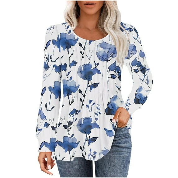 PuLe Women's Top Long Sleeve Shirts for Women Fall Tops Dressy Casual Blouses Pleated Scooped Neck Tunic Tops for Leggings 