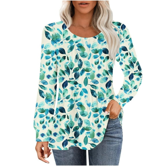 PuLe Women's Top Long Sleeve Shirts for Women Fall Tops Dressy Casual Blouses Pleated Scooped Neck Tunic Tops for Leggings ﻿