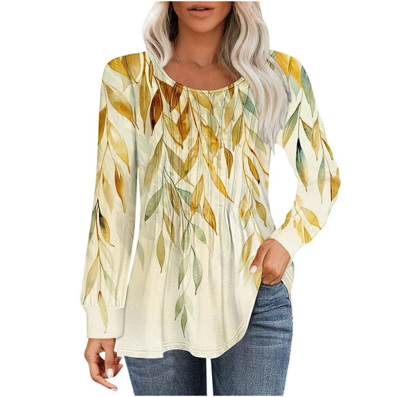 PuLe Women's Top Long Sleeve Shirts for Women Fall Tops Dressy Casual Blouses Pleated Scooped Neck Tunic Tops for Leggings 