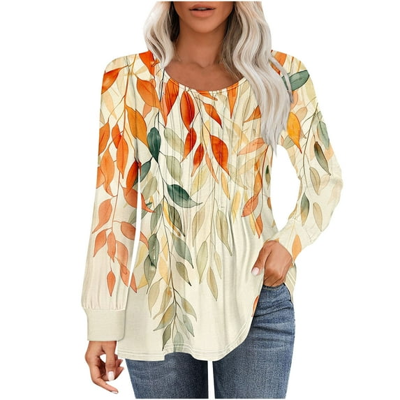 PuLe Women's Top Long Sleeve Shirts for Women Fall Tops Dressy Casual Blouses Pleated Scooped Neck Tunic Tops for Leggings 