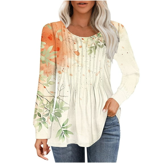 PuLe Women's Top Long Sleeve Shirts for Women Fall Tops Dressy Casual Blouses Pleated Scooped Neck Tunic Tops for Leggings 