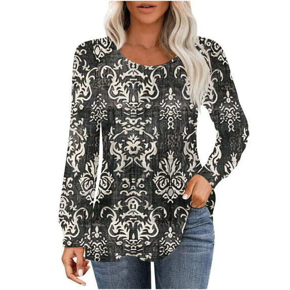 PuLe Women's Top Long Sleeve Shirts for Women Fall Tops Dressy Casual Blouses Pleated Scooped Neck Tunic Tops for Leggings 