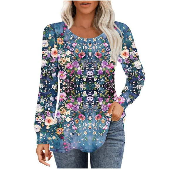 PuLe Women's Top Long Sleeve Shirts for Women Fall Tops Dressy Casual Blouses Pleated Scooped Neck Tunic Tops for Leggings ﻿