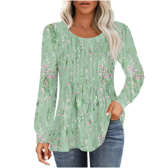 PuLe Women's Top Long Sleeve Shirts for Women Fall Tops Dressy Casual Blouses Pleated Scooped Neck Tunic Tops for Leggings 