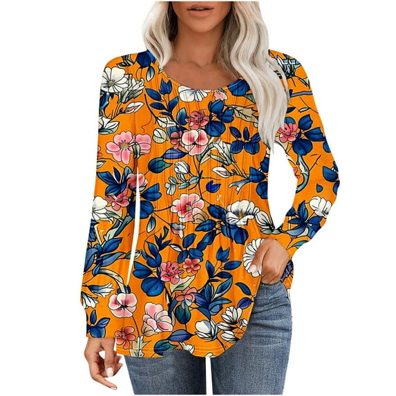 PuLe Women's Top Long Sleeve Shirts for Women Fall Tops Dressy Casual Blouses Pleated Scooped Neck Tunic Tops for Leggings 